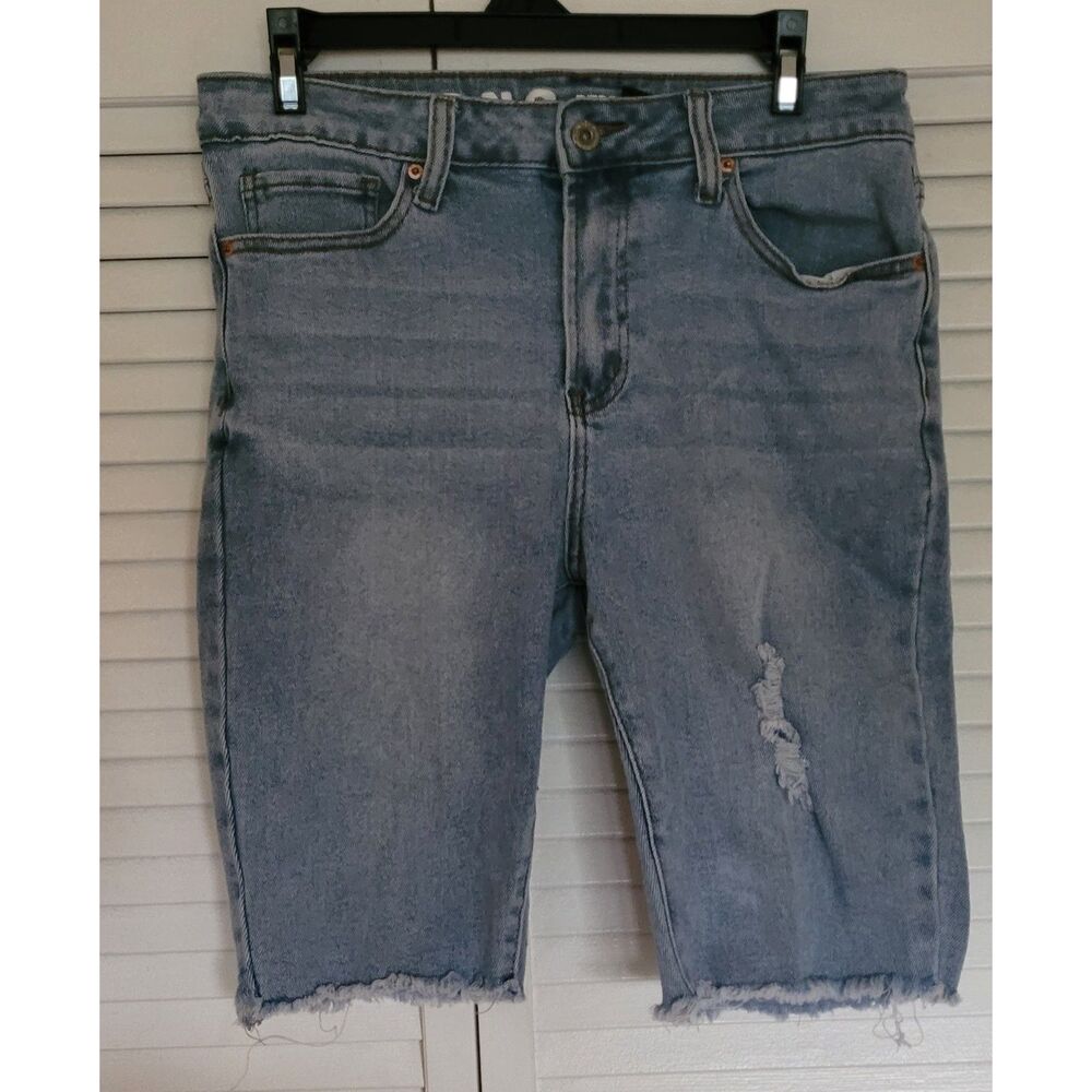 Women's Blue Jeans High Rise Cycling Shorts Capri Style Cut Off At Knee